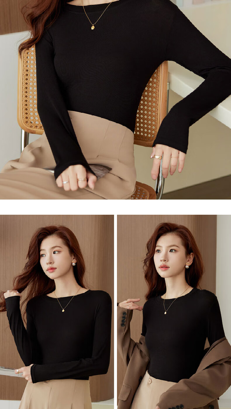 LangSha Women's Spring and Autumn Long Sleeve Slim Fit Round Neck Basic T-Shirt Simple Solid Color Slimming Chest-Enhancing Base Top 1