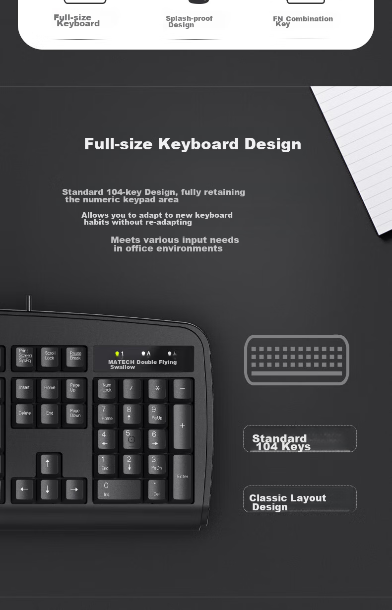 A4TECH KB-8U 104-Key Wired Keyboard, Membrane Keyboard for Desktop Computer, Office Keyboard, Good Typing Feel, Large Backspace Key, USB Interface, Black, Wired 2