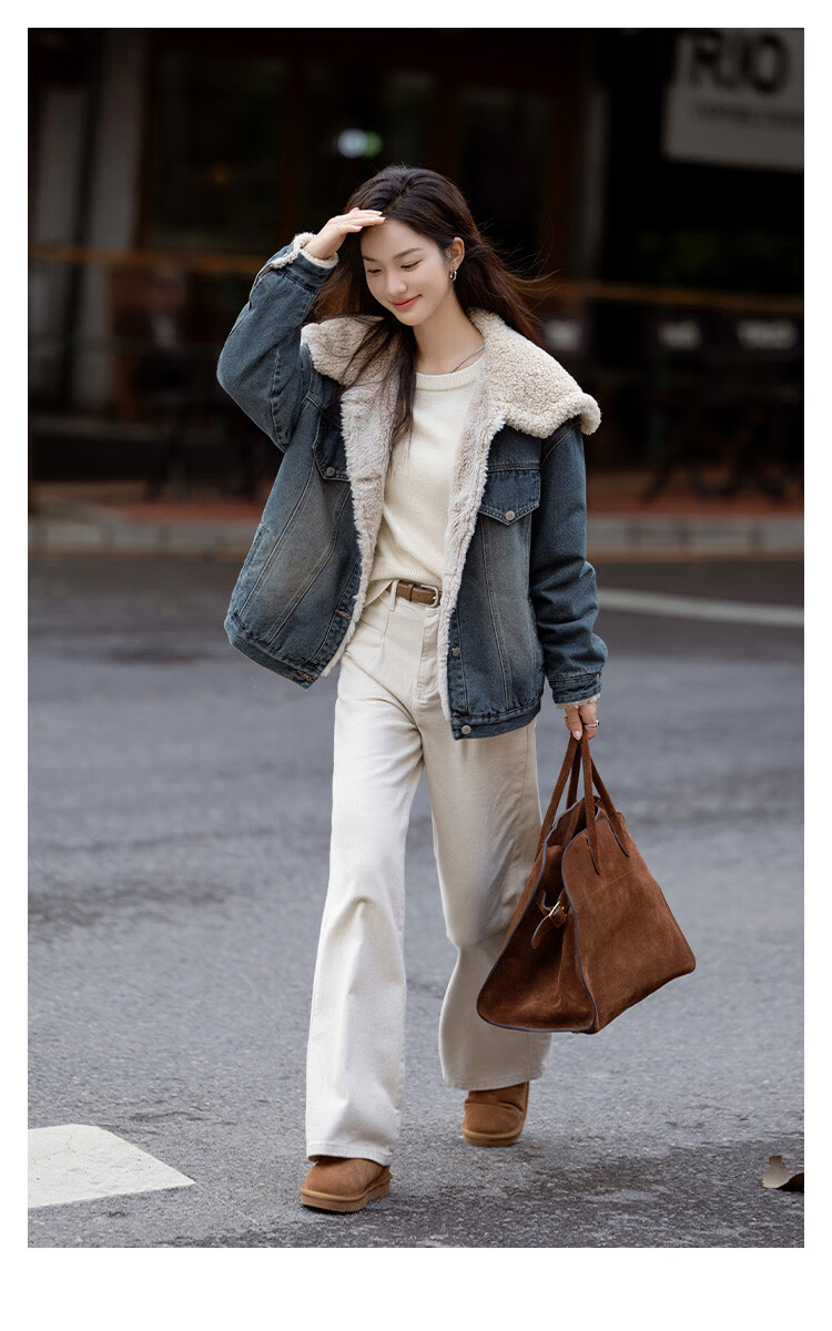 DME Fashion Vintage Large Lapel Winter Denim Composite Faux Lamb Wool Jacket for Women Dark Denim Blue S 1
