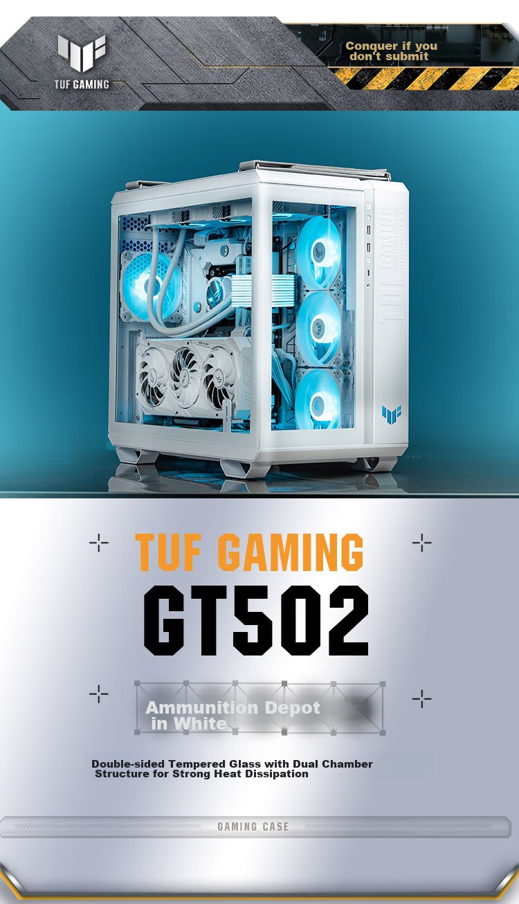 ASUS TUF GAMING GT502 White Arsenal Case, White Cables, Dual-Chamber Design, Tool-Free Disassembly, White Seaside View, Innovative Cooling, GPU Bracket 1
