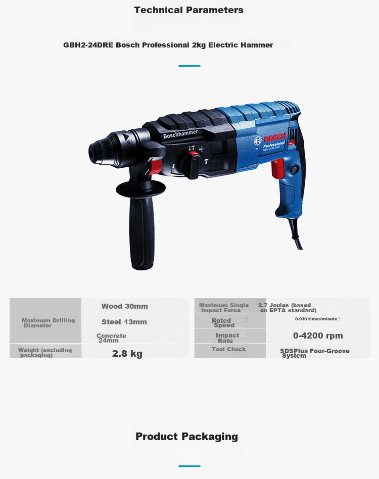 BOSCH Electric Hammer, Drill And Pick Three-In Lightweight Multi-Function Electric Hammer Tool Box, 2 Kg, GBH 2-24 DRE 15