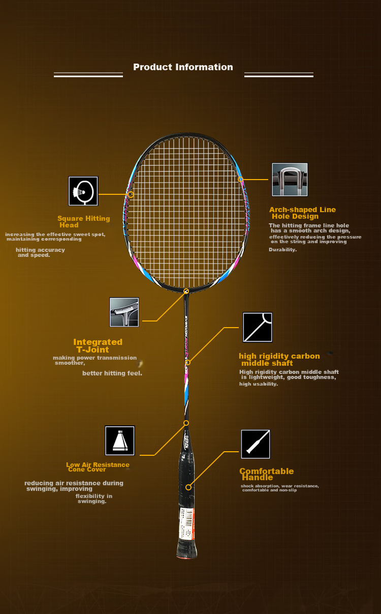 EVERVON Badminton Racket, Single Racket, Carbon Fiber Mid-Shaft, Durable, for Adults And Children, Students, Competition And Training, EYTL-610, Orange with Fruit Particles 2
