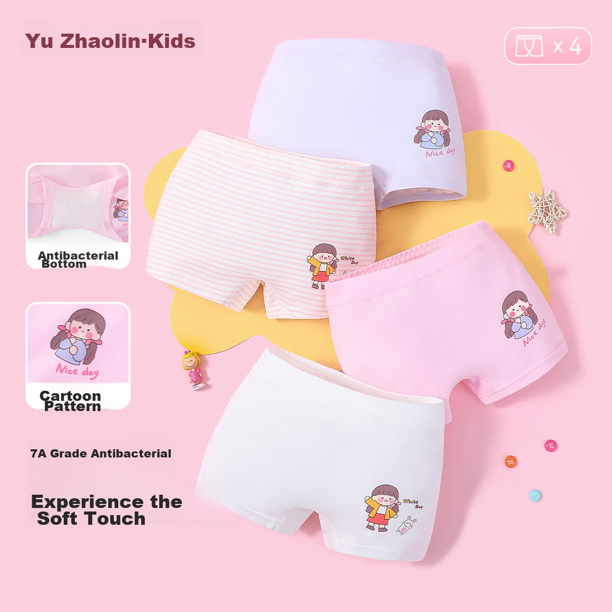 YUZHAOLIN Girls' Underwear, Children's Underwear, 7A Antibacterial Girls' Student Boxers, Mid to Big Kids' Shorts, Fresh Girl Style
