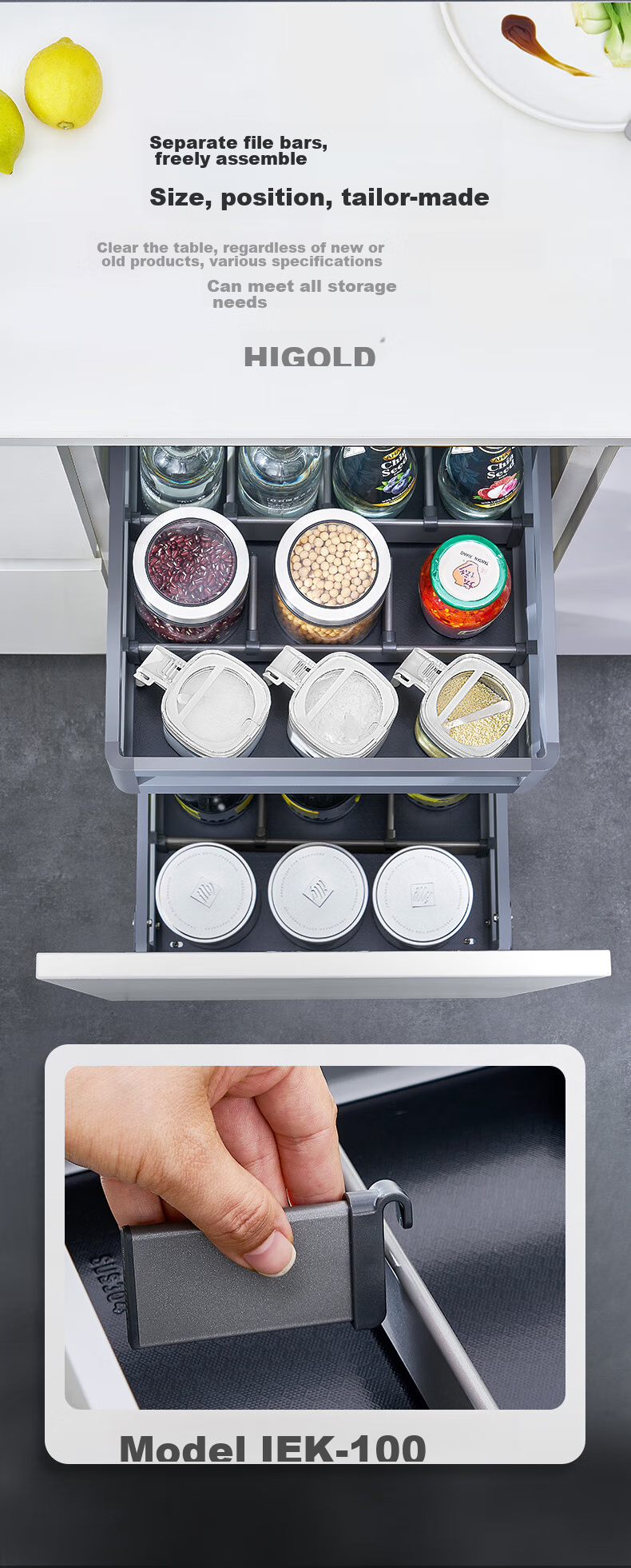 HIGOLD Kitchen Double-Layer Cabinet, Spice Drawer-Style, 304 Stainless Steel Bowl Basket, Seasoning Basket, Dish Rack Storage Cabinet 5