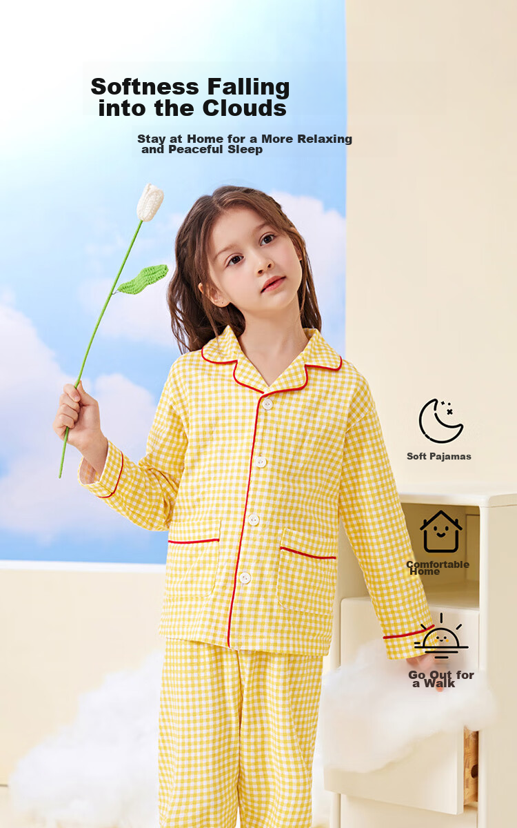 Dingguagua Children's Pajamas for Girls, Spring And Autumn, Pure Cotton Long-Sleeve, for Older Girls And Toddlers, Cardigan Style, Girls' Loungewear, Yellow, Size 140 5