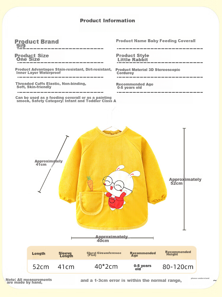 9I9 Baby Eating Smock, Outdoor Wear, Waterproof Long-Sleeve, Children's Kindergarten Painting Clothes, Rabbit A128 2