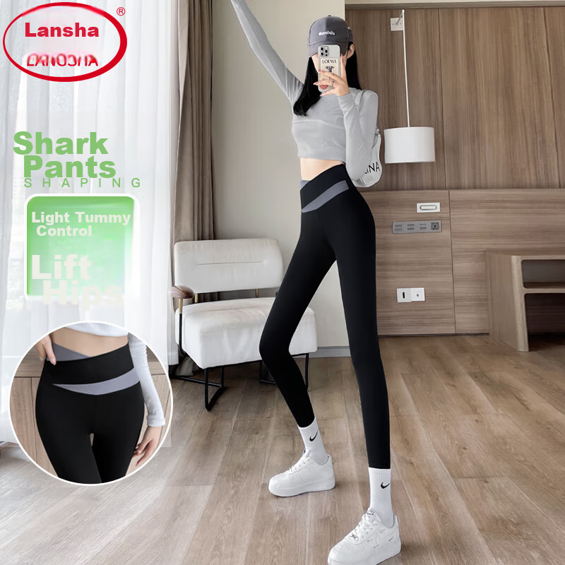LangSha Shark Leggings, High-Waisted Yoga Pants with Butt-Lifting Effect, Slimming, Large Size, Women's Thin Leggings, Base Layer Pants