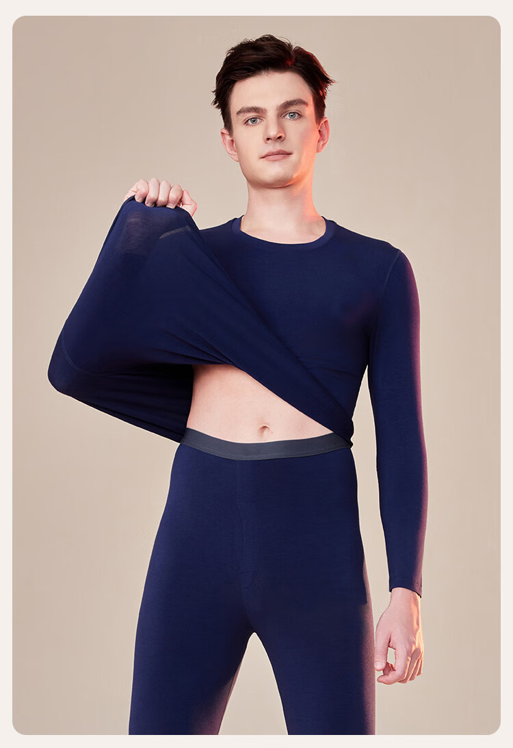 Ordifen [Wool Modal Set] Men's Thermal Underwear, Winter Round Neck Top And Pants, Seamless Navy Blue, Size L 19