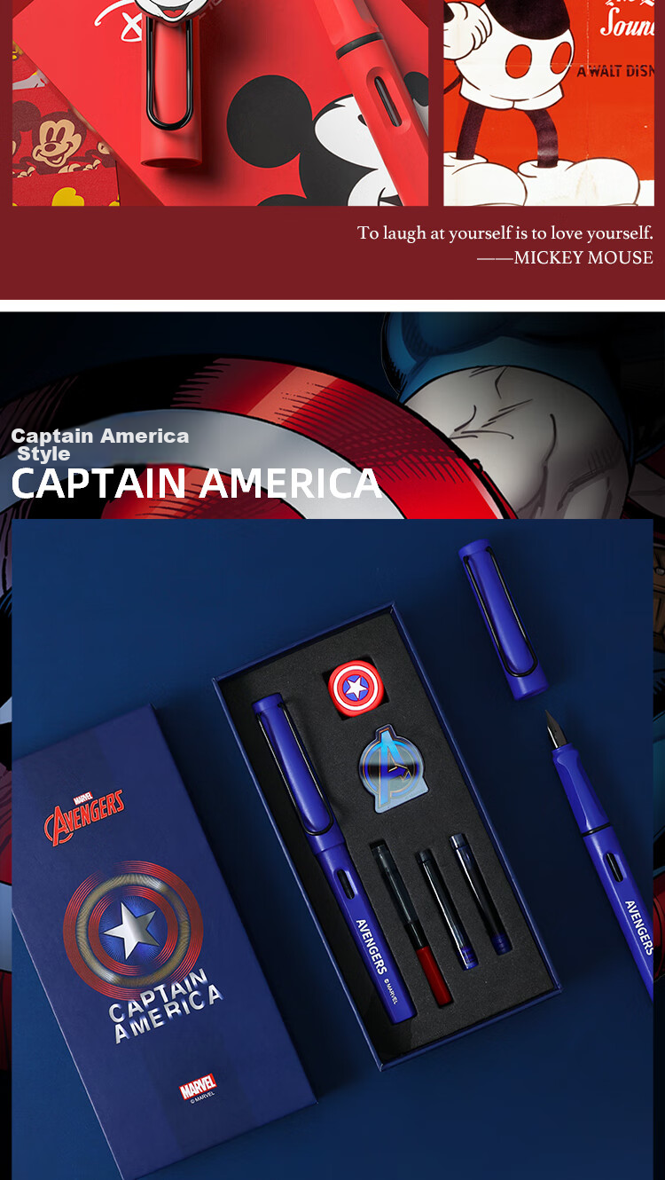 Disney Fountain Pen Gift Set for Children And Students, Calligraphy Ink Pen Set for Handwriting Practice, Learning Supplies, Birthday Gift for Kids, Captain America Specialized Writing Practice Pens 8