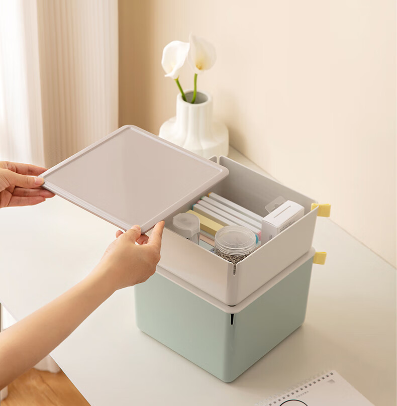 Deli [Volume 2.4L] Medium Desktop Storage Box with Lid, Dust-Proof, Pen Holder, Stationery Organizer, Cosmetic Mini Box, Small Item Storage Container XDM11 Pink 2