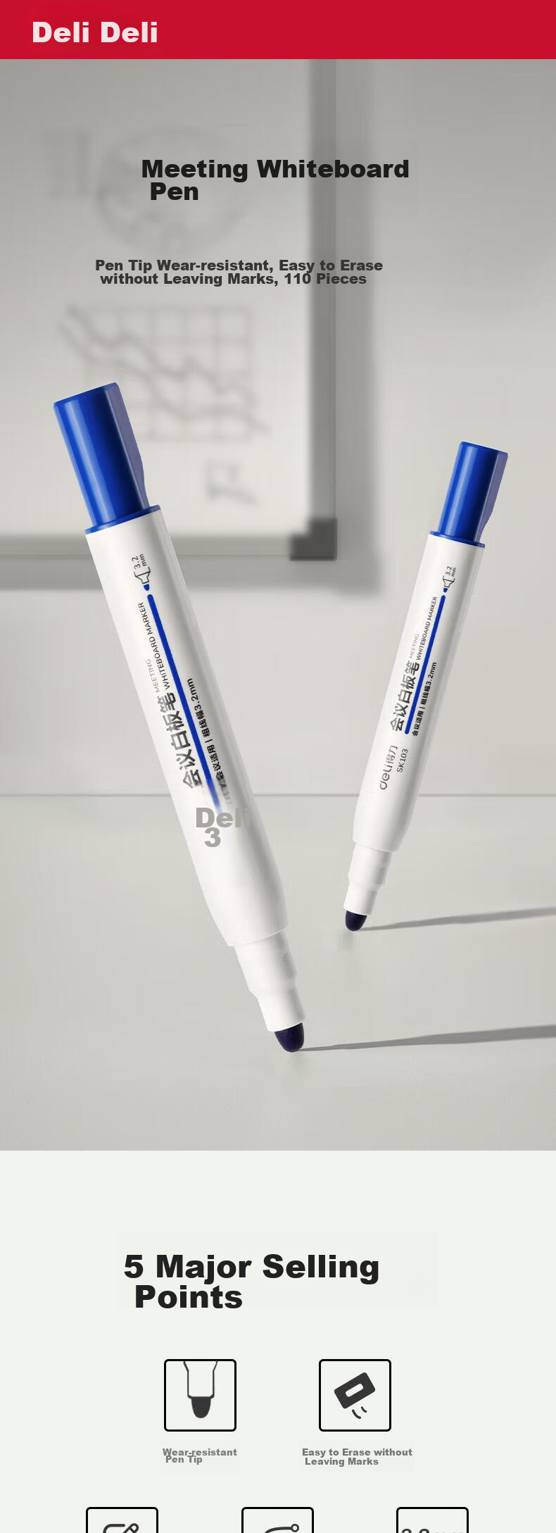 Deli Chubby Whiteboard Markers Bold Lines, Erasable, Easy to Erase Smooth Writing, Durable For Office, Teaching, And Meetings Blue, 10 Pcs/box SK103 1