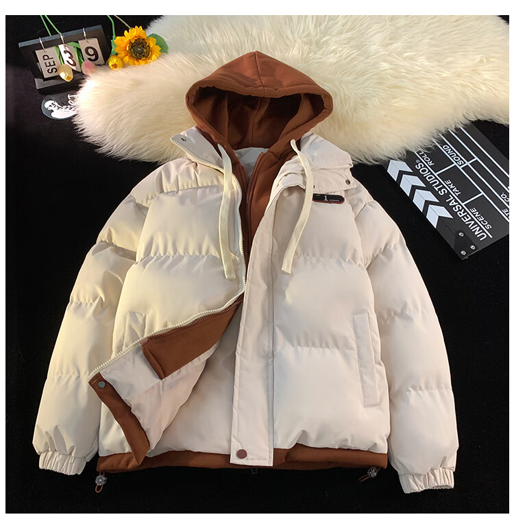 NASA MARVEL Men's Padded Cotton Jacket Winter Coat Trendy Two-in-One Hooded Couple's Puffer Jacket Light Blue 3XL 3