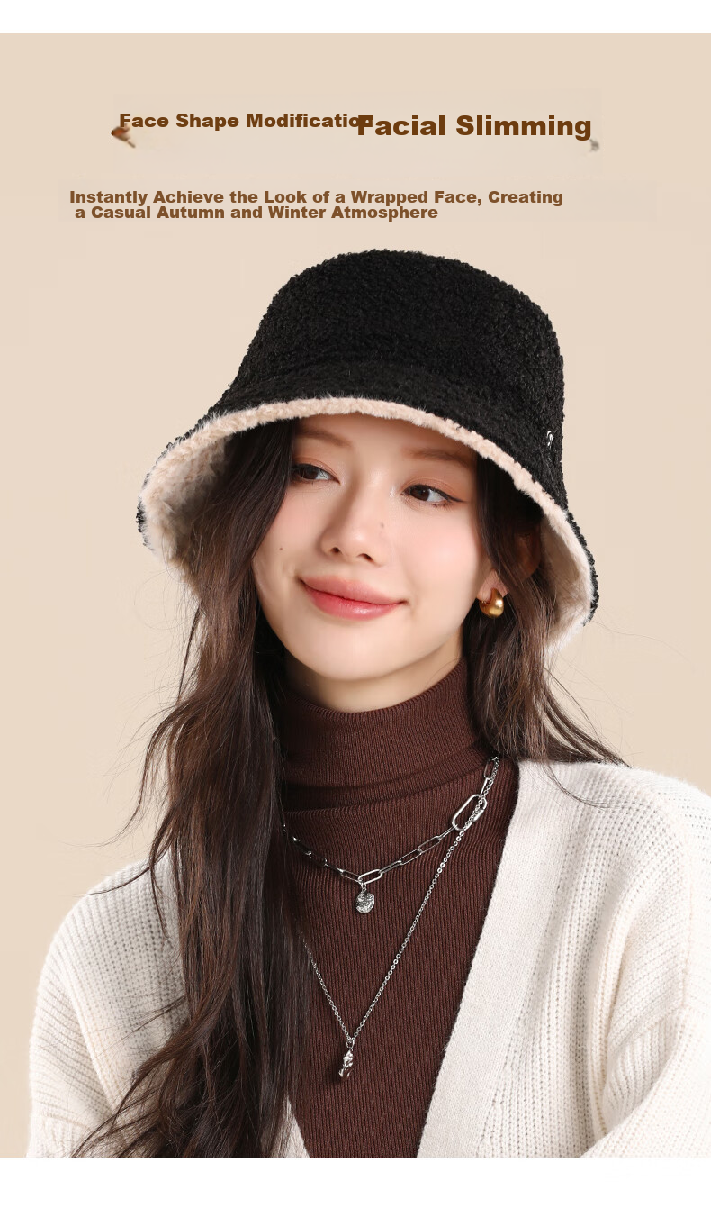 CACUSS Women's Winter Warm Fisherman Hat, Large Head Circumference, Face-Slimming Bucket Hat, Retro Plaid Teddy Fleece Hat, Coffee Color 6