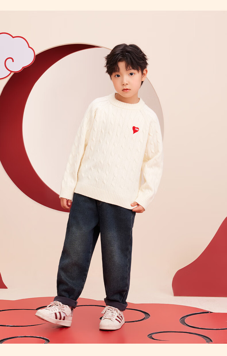 Zuoxi Boys' Red Sweater, Children's Thick Knit Pullover, 2025 New Style Boys' New Year Outfit, Winter Clothing, White, Size 140 22
