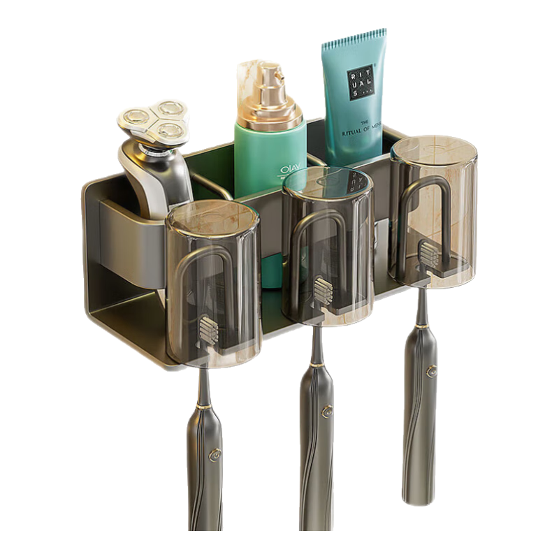 Jiabangshou Toothbrush Holder, No Drilling Required, Mouthwash Cup Wall-Mounted Toothbrush Rack Storage Shelf, Bathroom Toothbrush Cup Holder, Three Cups