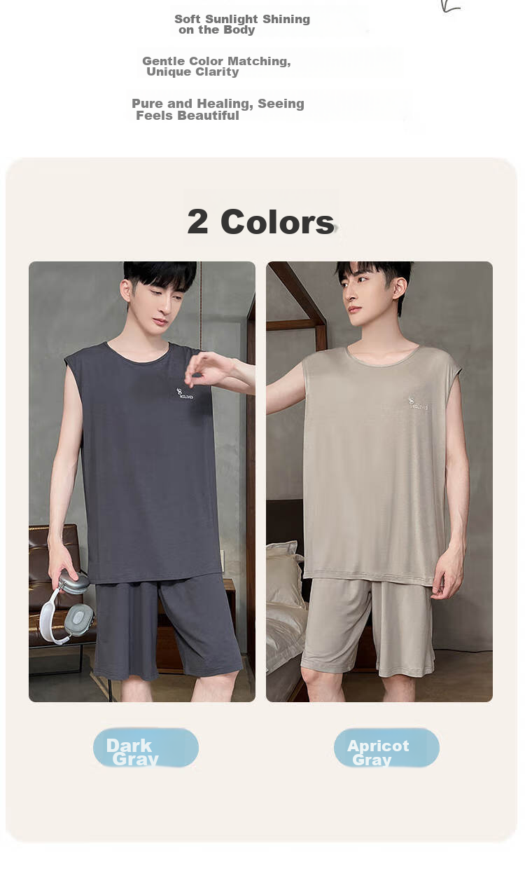 LangSha Men's Pajama Set, Summer Thin Style, Sleeveless Vest, Silk-Like Short Pants, Casual Men's Wearable Loungewear 5