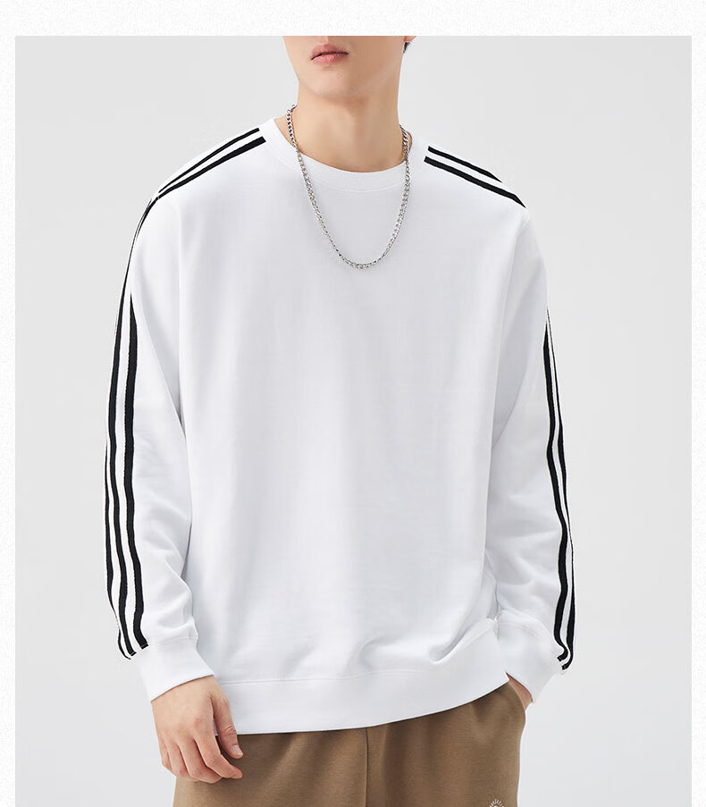Dingfengbaoluo American-Style Striped Sweatshirt for Men, Spring Solid Color Pullover Round Neck Undershirt, Loose Versatile Top QZ33 White XL 7