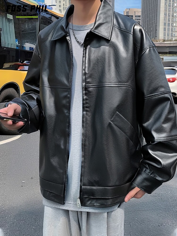 Foss Phil Men's Leather Jacket, Spring And Autumn Fashion Motorcycle Style, Korean Version Loose Casual Leather Coat, 6266 Black 3XL 6