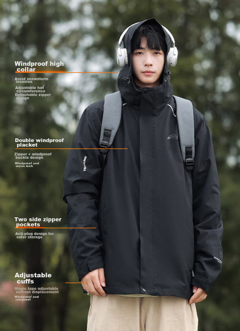 Huili Three-In Jacket for Men, Autumn And Winter Fleece-Lined Outdoor Windproof Mountaineering Coat, Men's Clothing, Black, 3XL 8