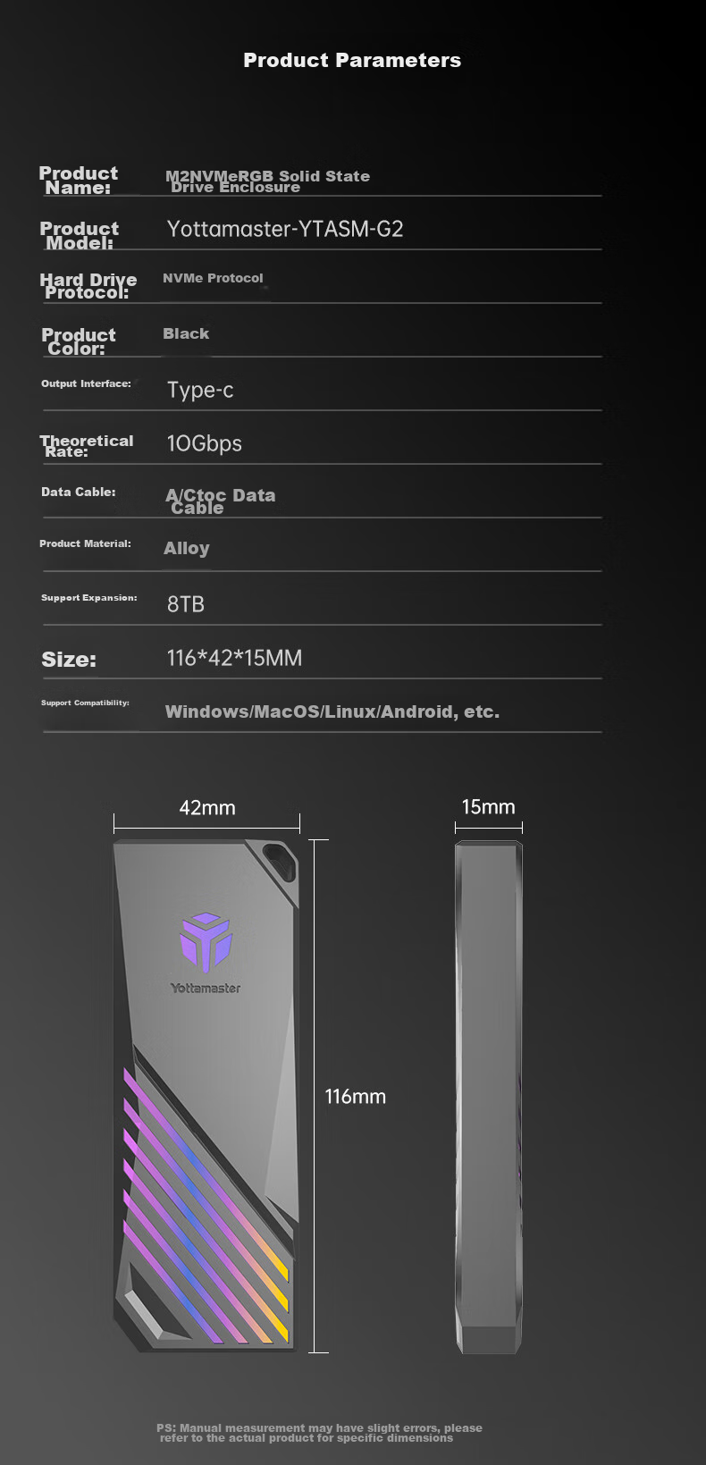 Yottamaster M.2 Hard Drive Enclosure, NVMe Portable Hard Drive Enclosure, RGB Synchronized Light, Type-C 3.2 Interface, 10Gbps External Case, Suitable for Black Myth: Wukong And Laptops 18