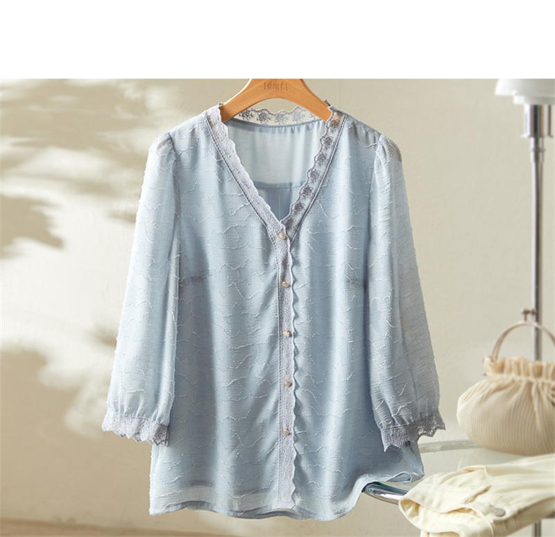 Dme [Long Time No See Series] Summer French Commuter V-Neck Jacquard Blouse, Three-Quarter Sleeve Lace Shirt, Women's Top 14
