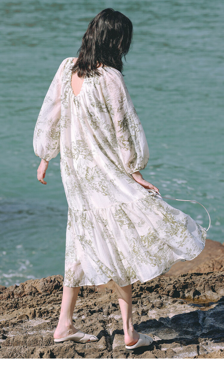 Dme Elegant Floral Print Long Dress, Artistic Ink Painting Design, Slimming One-Piece Dress, Floral Print, Size S 13