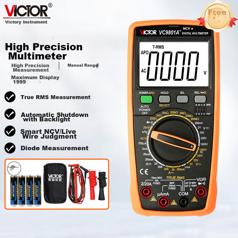 VICTOR High-Precision Digital Multimeter, Home-Use Universal Meter, Multi-Functional Electrician's Tool, Large Capacitance, VC9801A+