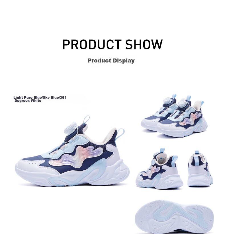 361° Children's Shoes, Kids' Sports Shoes, Winter Girls' Lightweight Leather Casual Shoes with Rotary Buckle, Blue, Size 32 37