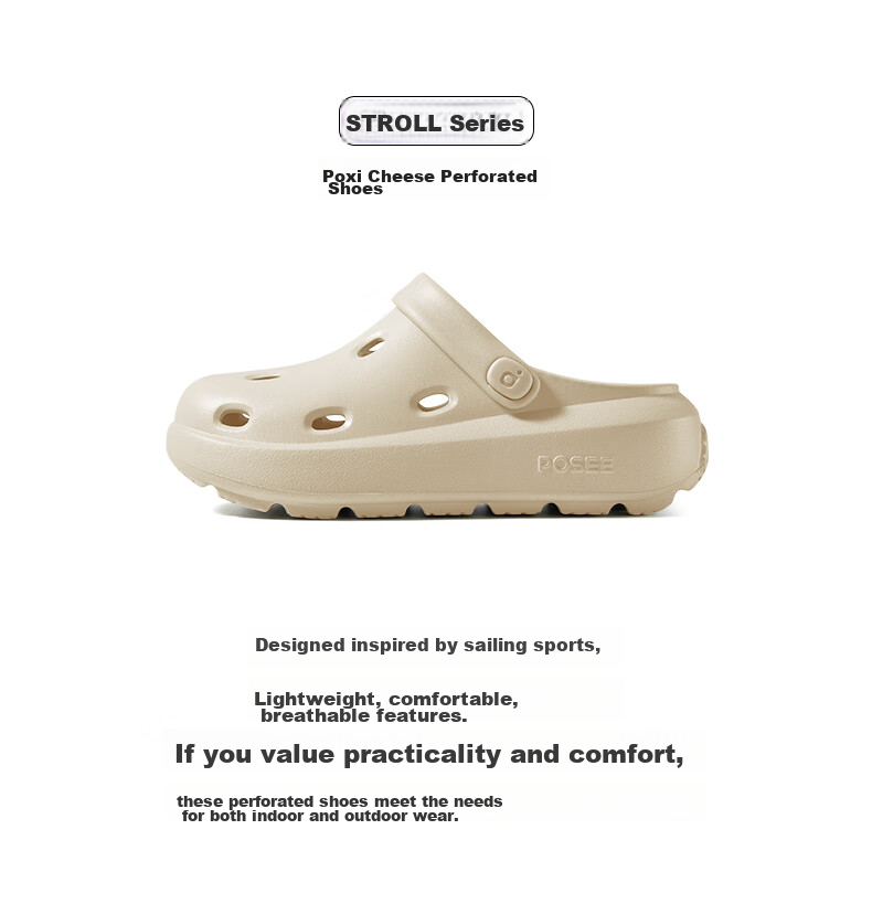 Poxi Cheese-Flavored Crocs-Style Perforated Shoes for Women, Thick-Soled Sandals, Beach Closed-Toe Slippers, Outdoor Wear for Couples, Reef Black, Size 42-43 3