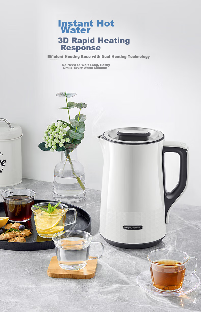 Morphyrichards Soft Sound Electric Kettle, Water Boiler, Hot Water Kettle, Household Constant Temperature Insulated Kettle, 1.5L Stainless Steel 304 Double-Layer Anti-Scalding Real-Time Temperature Display Kettle MR6071 White 4
