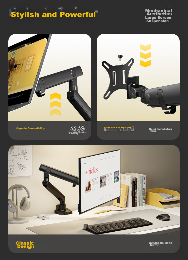 Brateck Beihu Monitor Stand, Mechanical Arm, Computer Desk Clamp Base, Heavy-Duty Screen Riser E500 Black 17-40 Inch, Suspended Arm 4
