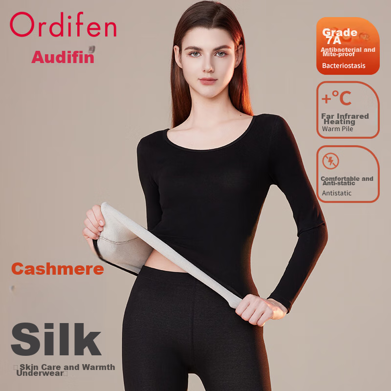 Ordifen Cashmere Thermal Underwear for Women, Autumn Top And Pants, Lightweight And Warm, Autumn And Winter Couple's Anti-Static Base Layer Set, Black, Size L