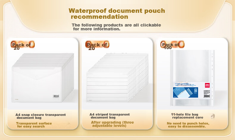 Deli 10 A4 Thick Transparent File Folders, Button Closure Document Sleeves, Waterproof Archive Bags for Contracts And Papers, Financial Receipt Storage, Study Supplies, P05501A 1