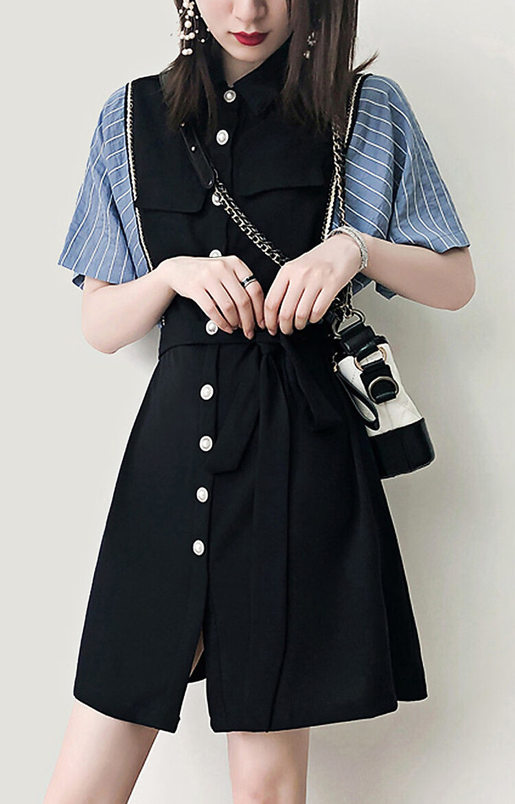 Dme [French Light Mature Commuter Style], Summer Simple Style, Turn-Down Collar, Waist-Cinching Short-Sleeve, Vintage Striped Patchwork Dress for Wome 13
