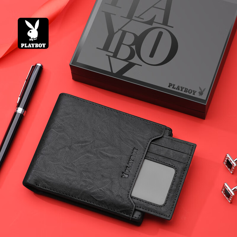 PLAYBOY Genuine Leather Men's Wallet First Layer Cowhide Card Holder Gift Box for Boyfriend Husband Father Birthday