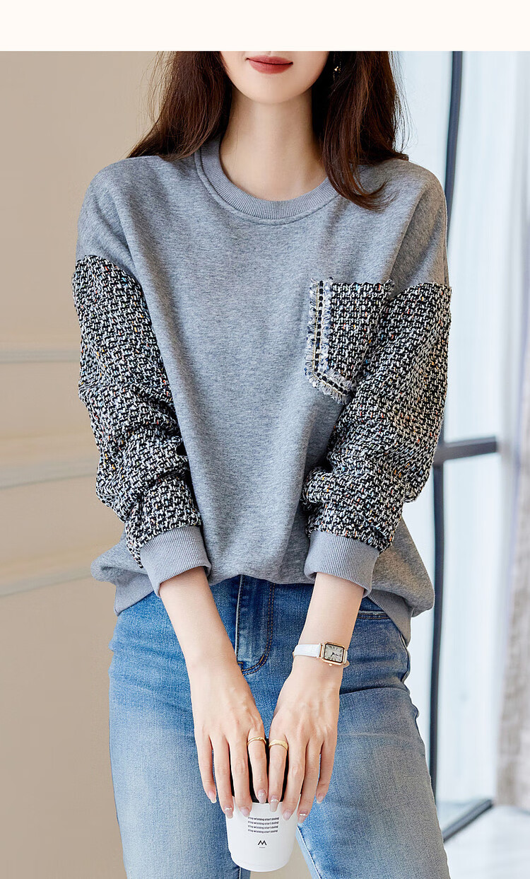Dme Simple Color-Block Elegant Fleece-Lined Sweatshirt, Autumn And Winter Cotton Round Neck Loose Women's Top, Gray Fleece, XL 10