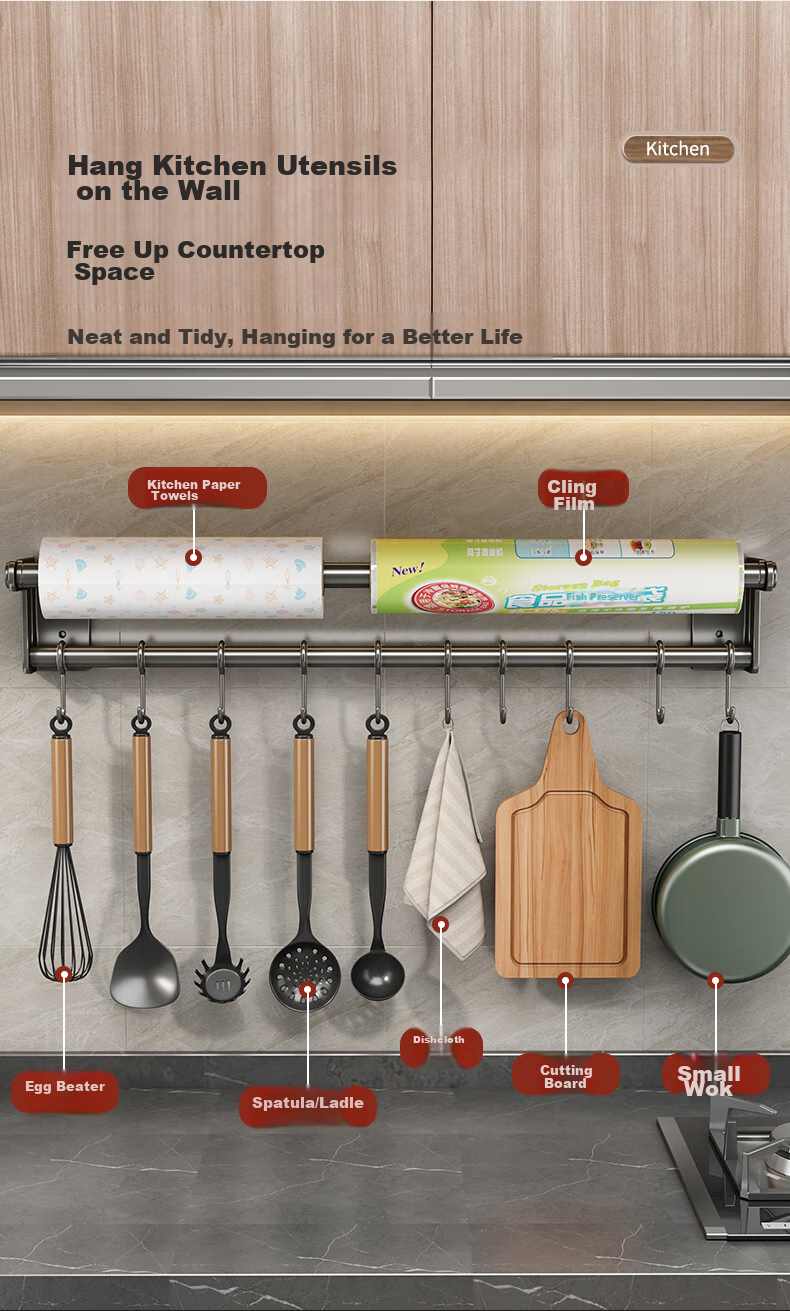 Jiadu Kitchen Hooks, Paper Towel Holder, Spoon And Spatula Rack, Wall-Mounted without Drilling, Storage Shelf, Hanging Rack, Row Hooks, Storage Rod 2