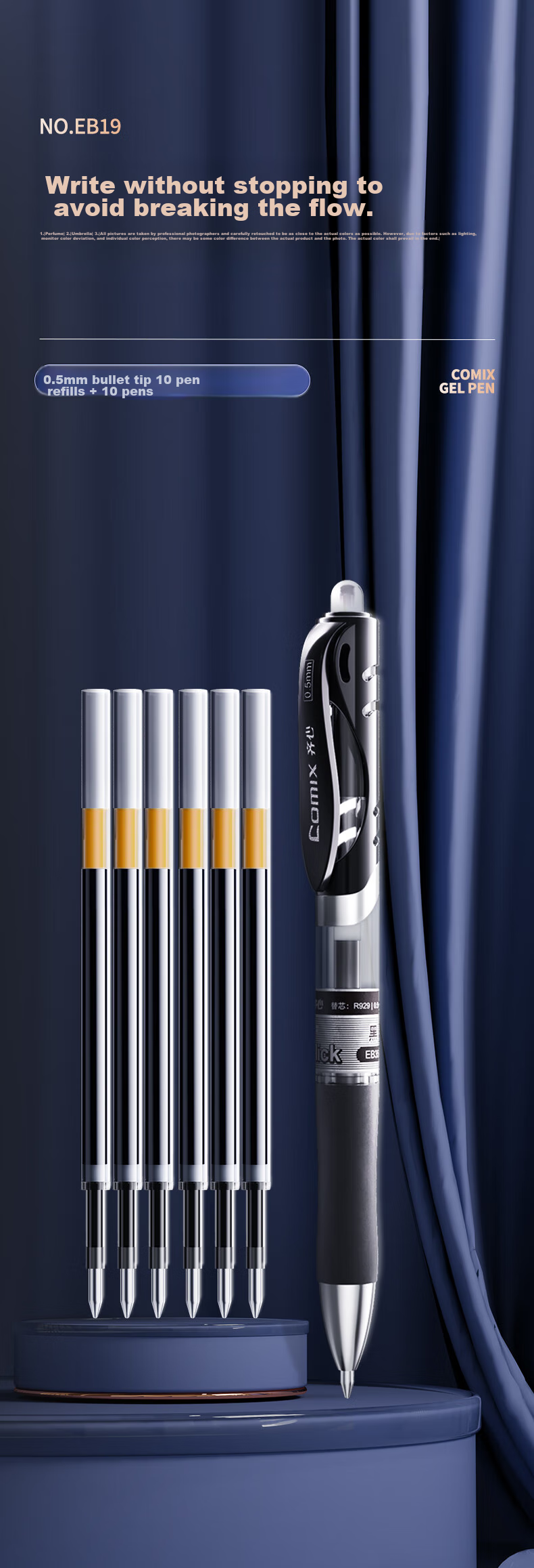 COMIX Gel Pen, Retractable Pen, Bullet Tip/water-Based Pen/0.5mm Conference Signing Pen, Black (10 Pens + 10 Refills), Exam Practice Kit EB19 1
