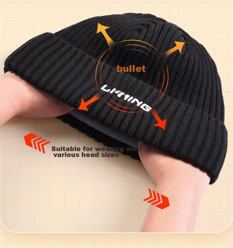 Li-Ning Hat for Men And Women, Autumn And Winter Knitted Cap, Warm Cold Hat, Sports Running Cycling Skiing Fleece-Lined Large Head Circumference Black 26
