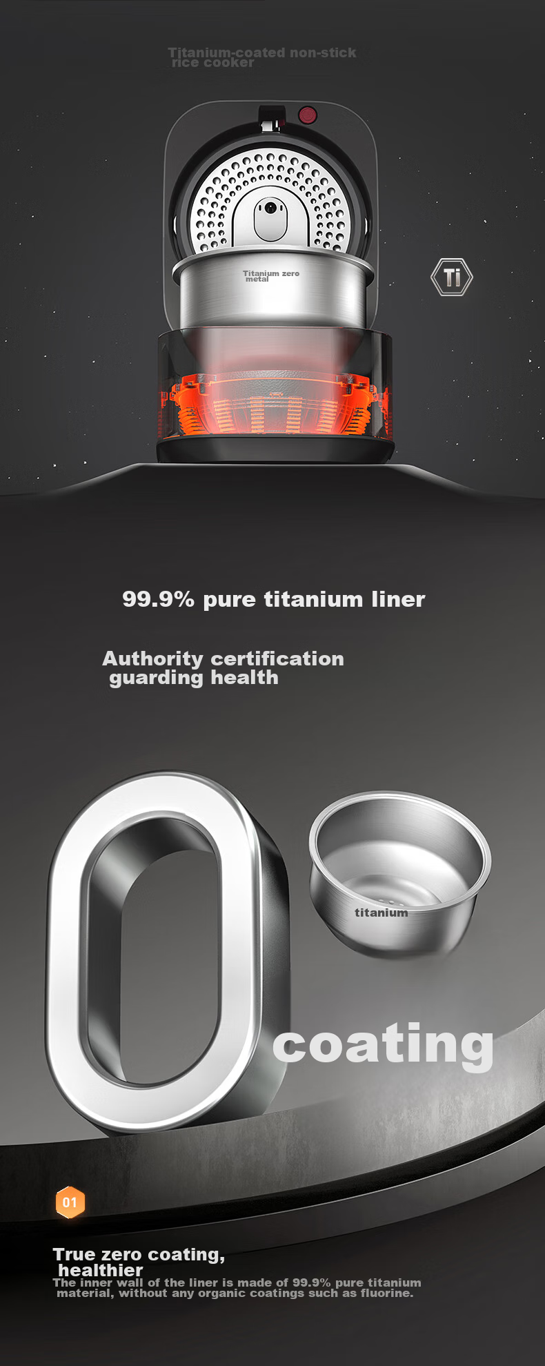 Midea Pure Titanium 0 Coating Low Sugar Rice Cooker, 3L Electric Rice Pot for Home Use, 2-3 People, Chiyang Charcoal Fire 1000W Electromagnetic IH Dual Heating Source, Titanium Pot Set 4