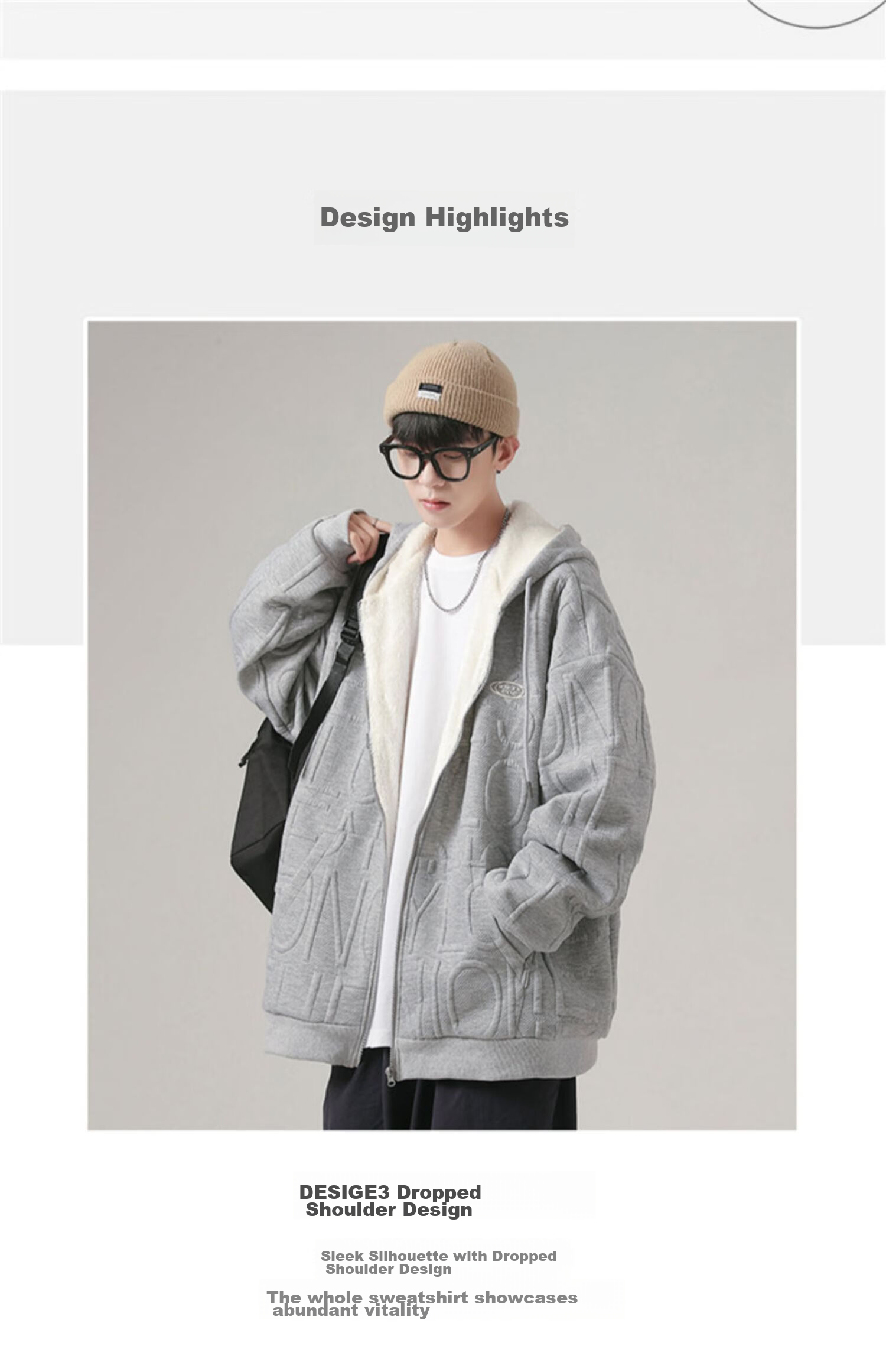 I'M DAVID Men's Autumn And Winter Jacket, Korean Style, Fleece-Lined, Thickened, Cold-Resistant, Warm, Loose-Fitting, Hooded Sports Jacket for Men, Gray, Size L 3
