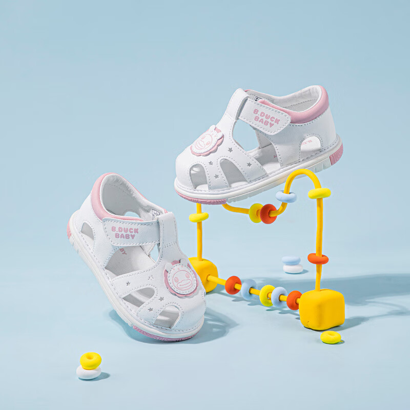 B.Duck Children's Closed-Toe Sandals, Boys And Girls Baby Shoes, Summer Soft-Soled Leather Sandals, 9801 White-Pink, Size 18