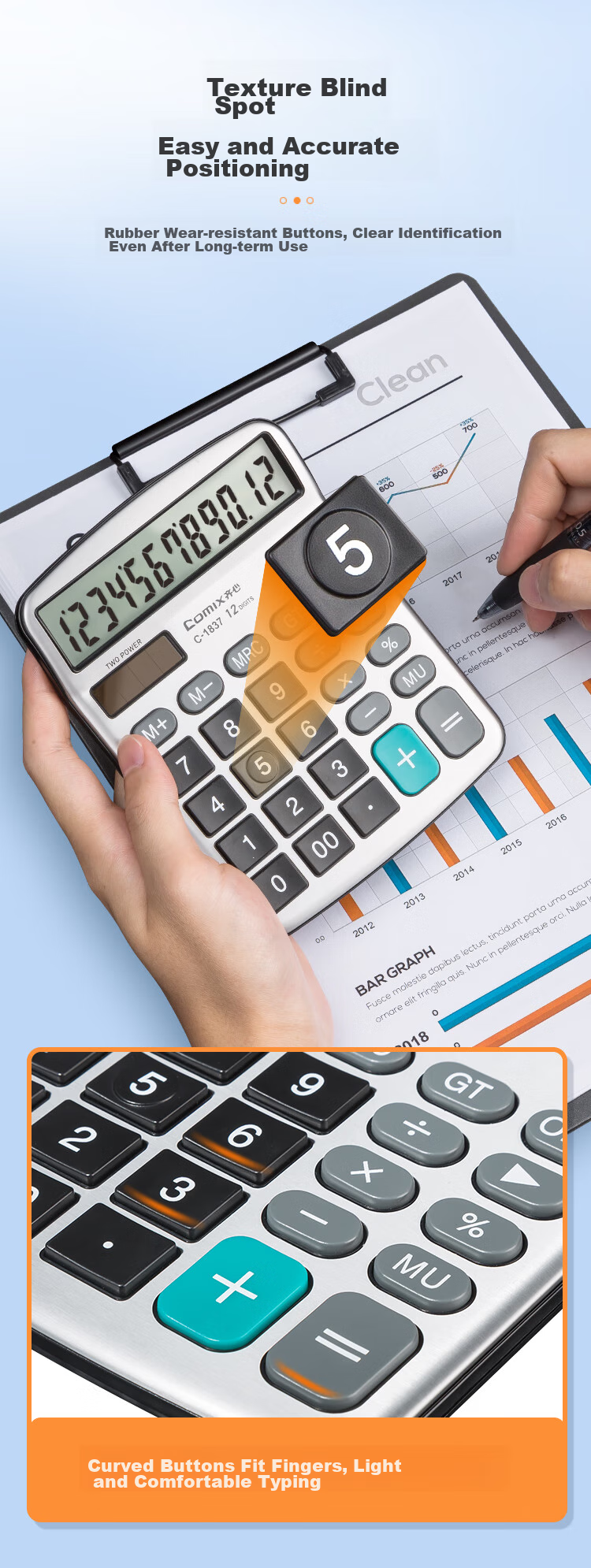 COMIX Desktop Office Calculator, 12-Digit Large Screen Voice Calculator, Office Stationery Supplies, Black, C-9680 4