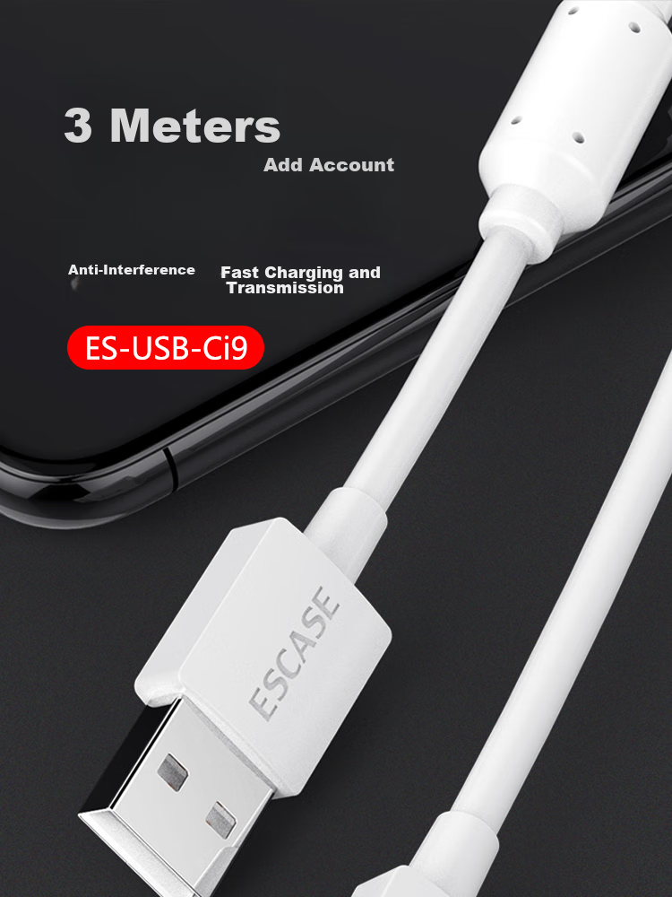 ESCASE Type-C Data Cable, 3 Meters Long, Fast Charging Extension, 2.1A Charger Cable, Suitable for Tablets, Fast Charging for Honor X60, Huawei Nova 13, Redmi Note 14 Pro, Anti-Interference Ci9 White 3