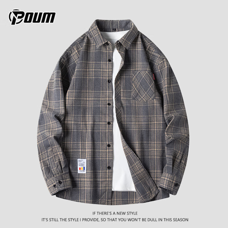 POUM Plaid Shirt Jacket for Men, Spring And Autumn Long-Sleeve Casual Shirt, Trendy Menswear, 2108 Gray, Size L