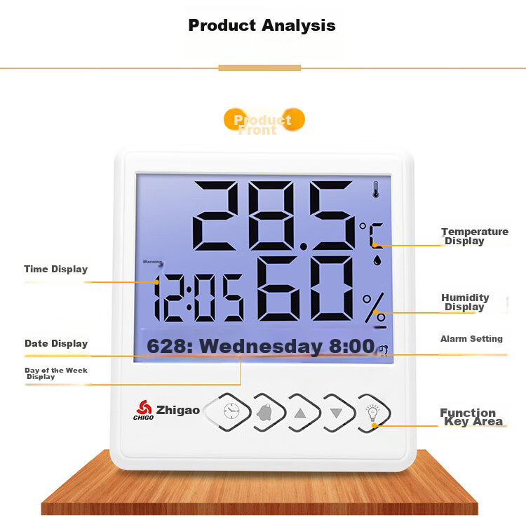 CHIGO Indoor Electronic Thermometer Hygrometer with Alarm Clock, Temperature Measuring Device ZG-8027S 12