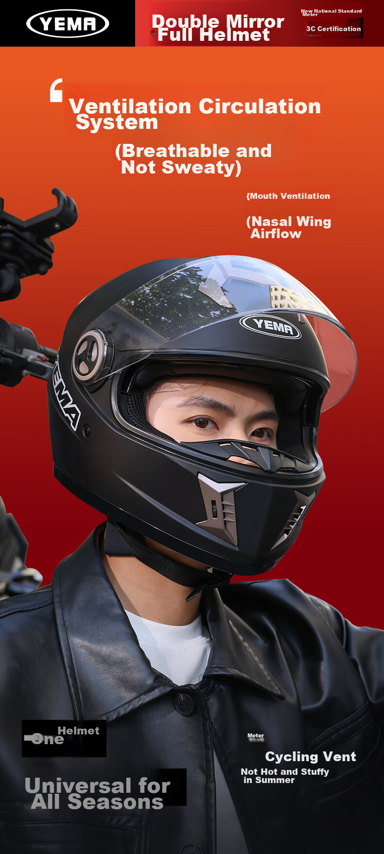 YEMA 3C Certified 828S Motorcycle Helmet for Men, Full-Face, Winter Anti-Freeze Warm Dual Visor Motorcycle Safety Helmet, All-Season Universal Size, Matte Black with Anti-Fog Sticker 9