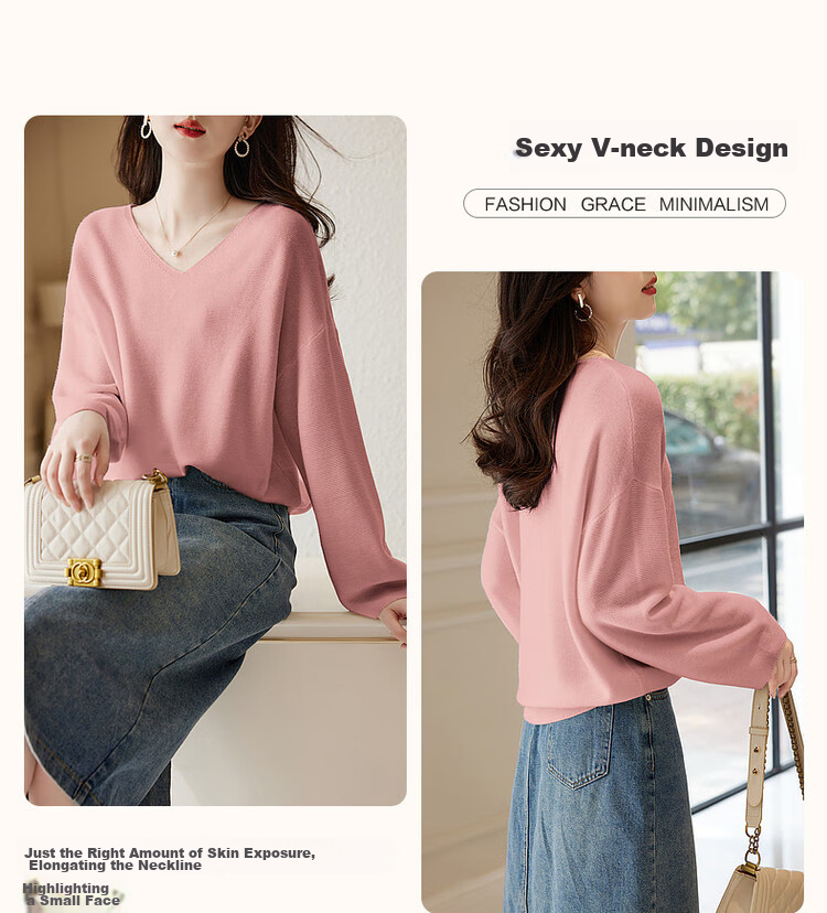 Dme [Containing Wool] Spring And Autumn French-Style V-Neck Sweater with Lantern Sleeves, Slimming And Versatile Knitted Top for Wome 6