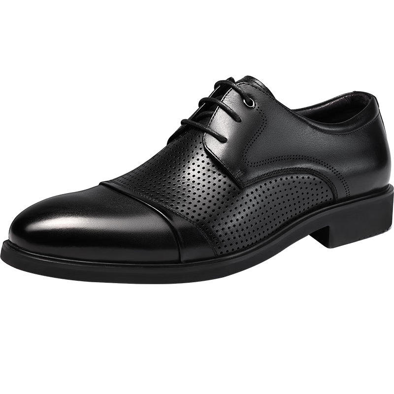LAORENTOU Pointed Toe Leather Shoes for Men, Casual Soft-Soled Formal Business British Style Work Shoes, 200240 Black Hollow-Out, Size 40