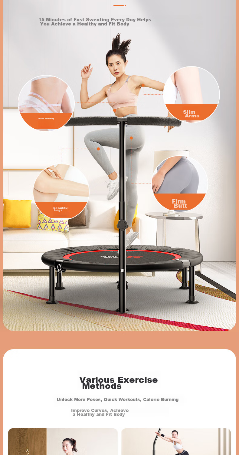 YIJIAN Trampoline for Home Indoor Use, Foldable Spring Training Trampoline, Gym Jumping Bed, Exercise Weight Loss Fitness Trampoline with Handrails 8